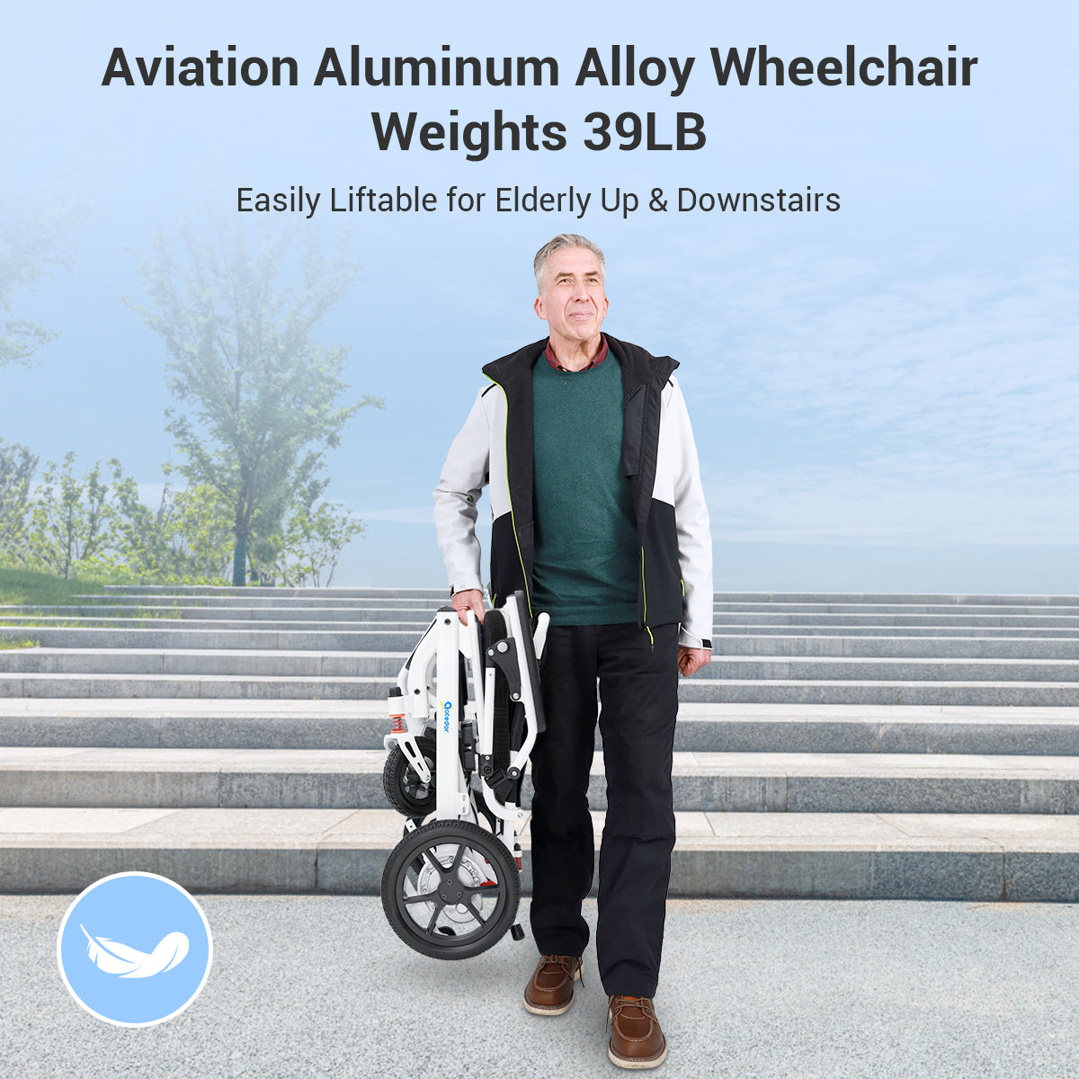 Aotedor-220 Ultra Lightweight All-Terrain Wheelchair - 22 Mile Range, Foldable, Airline Approved(Grey)