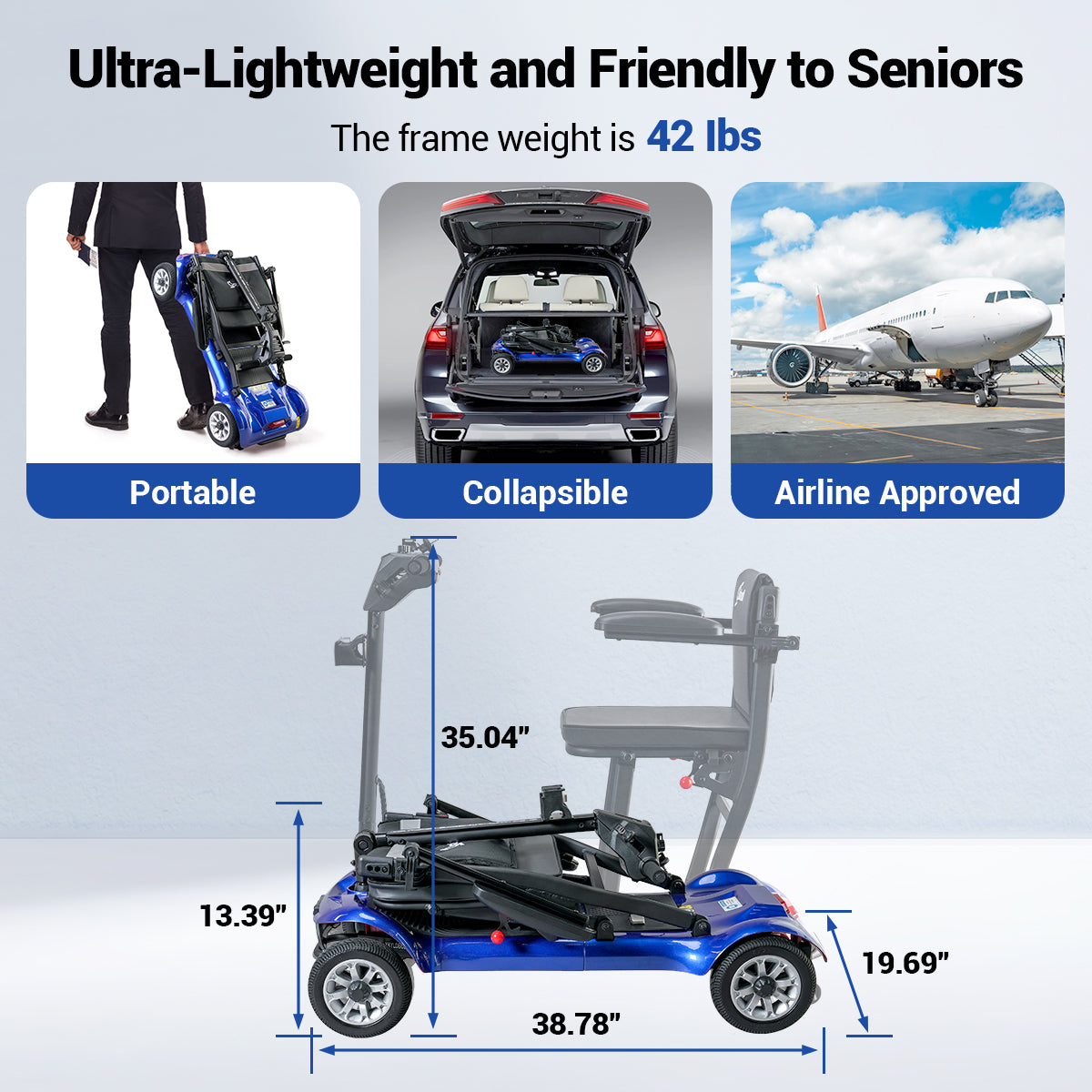 Aotedor AM985 4-Wheel Foldable Mobility Scooter – 22-Mile Range, Dual Batteries, Airline Approved