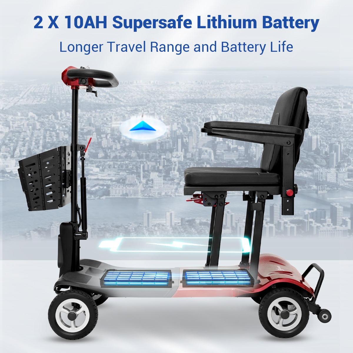 Aotedor-T550 36lbs Folding Mobility Scooter – 22-Mile Range, All-Terrain, Dual Batteries, Airline Approved (Red)