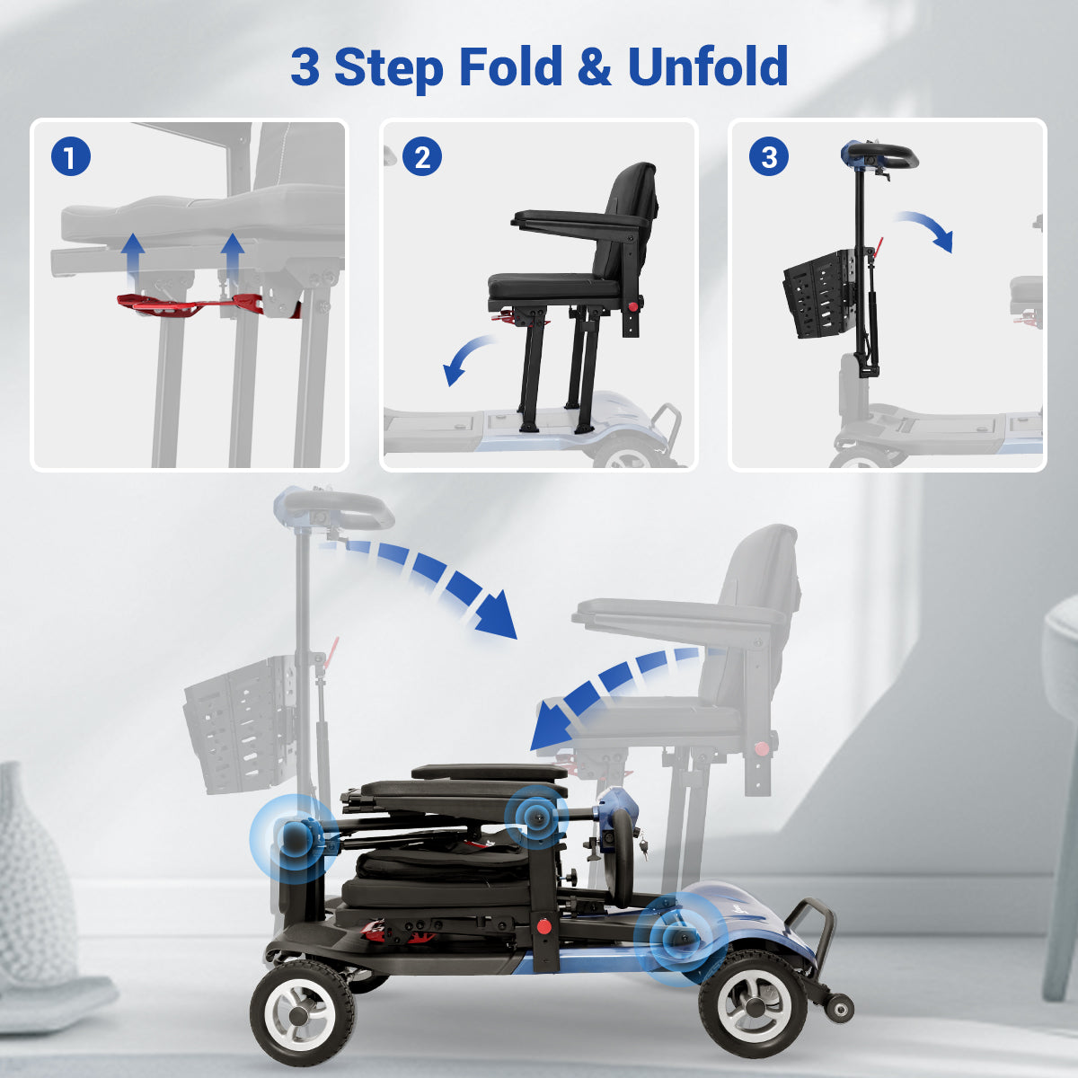 Aotedor-T550 36lbs Folding Mobility Scooter – 22-Mile Range, All-Terrain, Dual Batteries, Airline Approved (Blue)