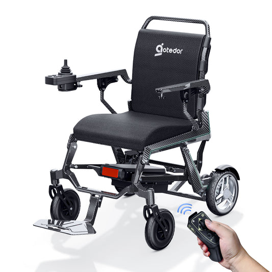 Aotedor K01 - Silla de ruedas eléctrica ligera de fibra de carbono, plegable, 30 libras, todo terreno, control remoto, aprobada por aerolíneas